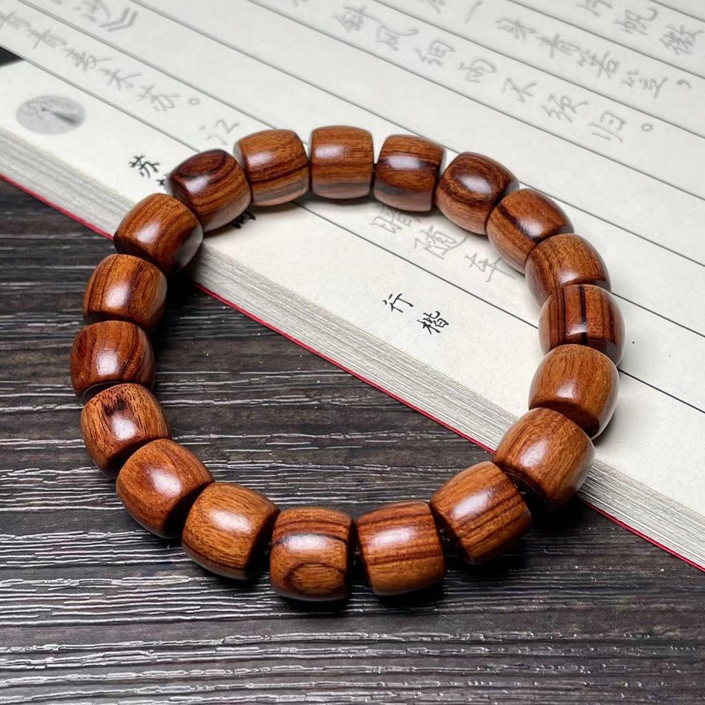 Ethnic Green Sandalwood Straight-Cut Barrel Bead Bracelet, Handmade Unisex Cultural Play Single Loop