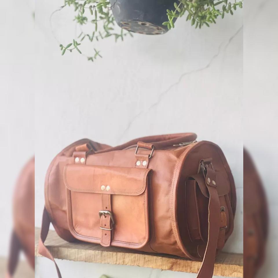 Detailed Finished Bag Genuine Goat Leather Travel Gym Duffle Duffel Real