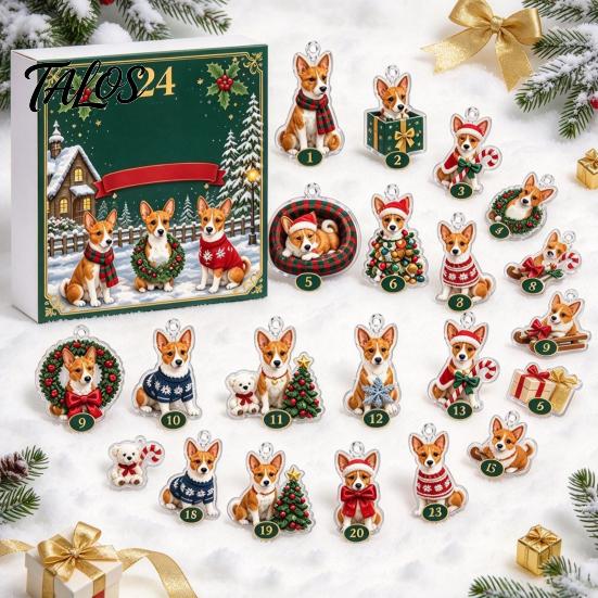 Charming Holiday Crafts Christmas Corgi Advent Calendar with 24 2D Flat Acrylic Dog Ornaments, Countdown Box Decorative Gift Cute Puppy Hanging