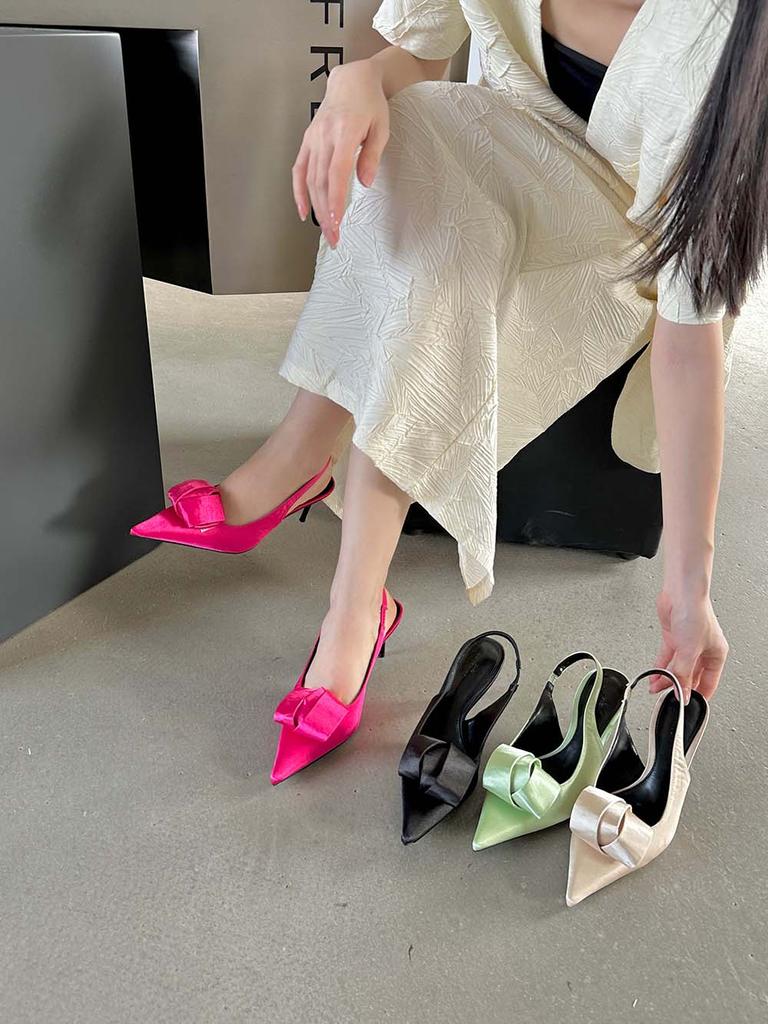 Mode Mode Damen Sandalen Spitzschuh Sommerkleid Schuhe Dünne Hohe Absätze Fersenriemen Beige Rosa Grün Schwarz Satin Party Sandalen Pantoletten