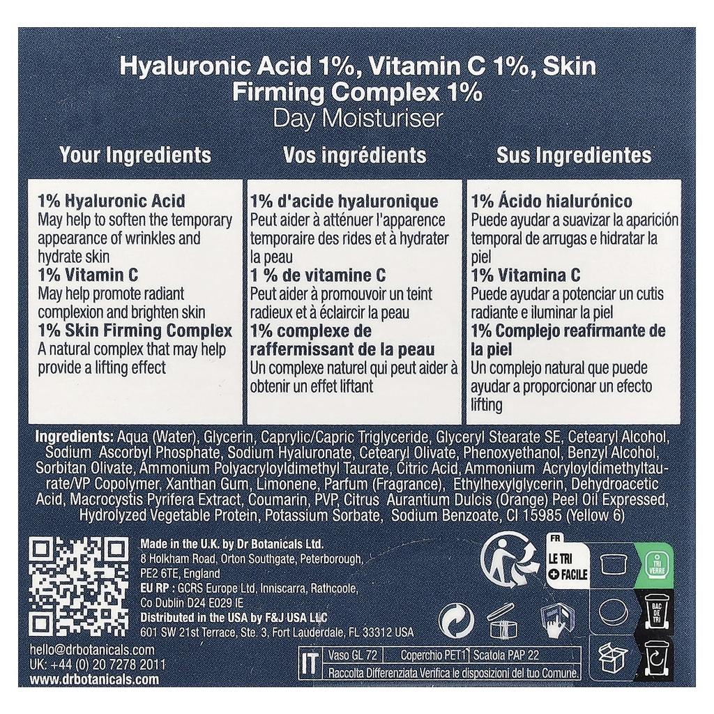 DR. BOTANICALS Hy¹, Hyaluronic Acid, Vitamin C Skin Firming Complex Day Moisturizer, 60 Ml (2 Fl Oz)