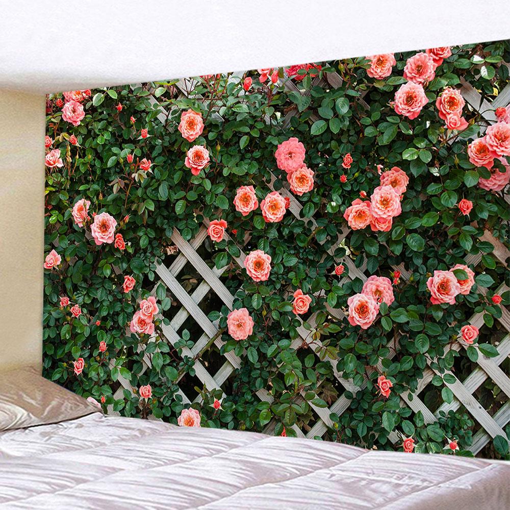 Spring Flowers Wood Fence Tapestry Nature Pink Rose Plant Flower Wall Hanging Garden Window Nature Scenery Tapestry