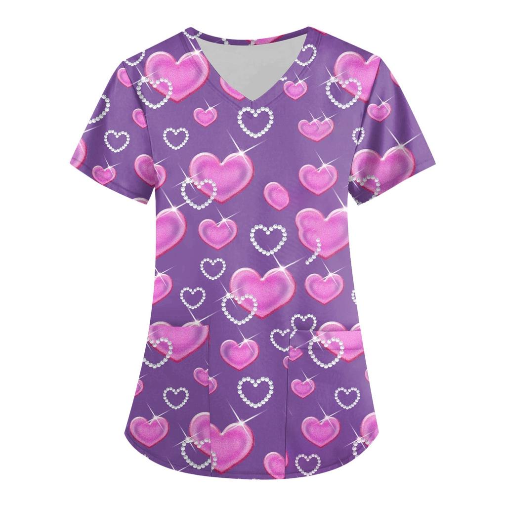 Women's Fashion V-neck Short Sleeve Workwear With Pockets Valentine's Day Printed Tops
