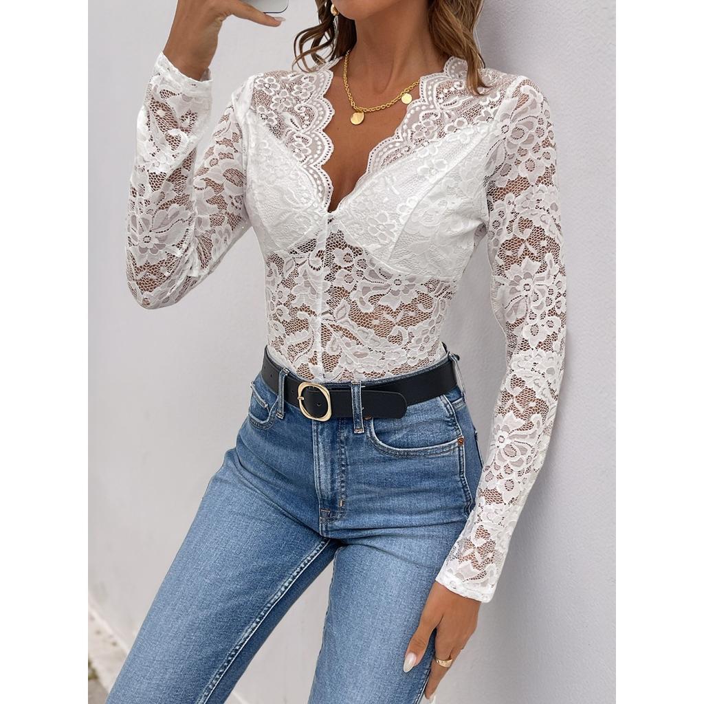 Women's Elegant Solid Color Long Sleeve Lace Sexy Bodysuit, Popular European & American Style Jumpsuit for Spring Autumn