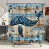 1pc Floral Whale Bath Curtain - Navy Teal Marine Creature Design with Wood Plank Background, Playful Underwater Fantasy Art,