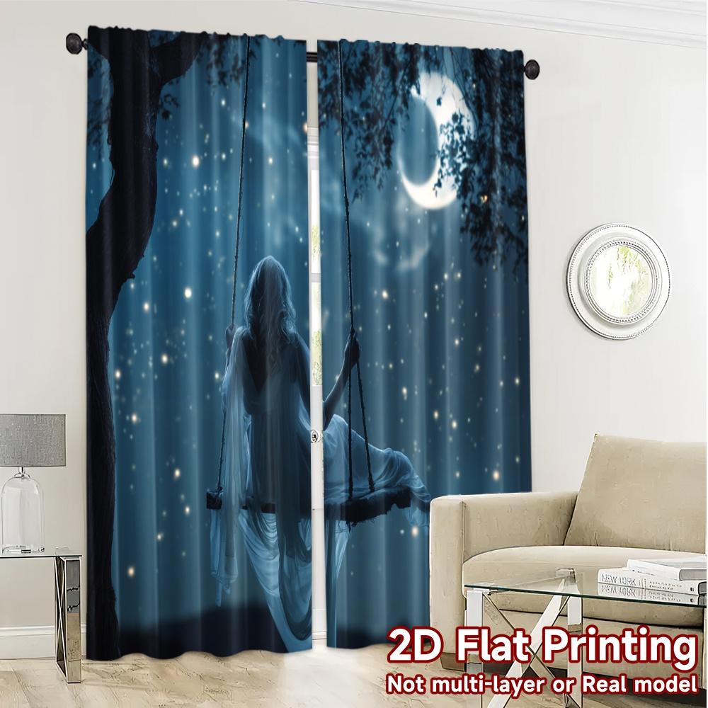 2pcs, 2D FLAT PRINTING Curtains (Without Rod) Moonlit Specter Chic Contemporary Curtains Versatile 100% Polyester Curtains