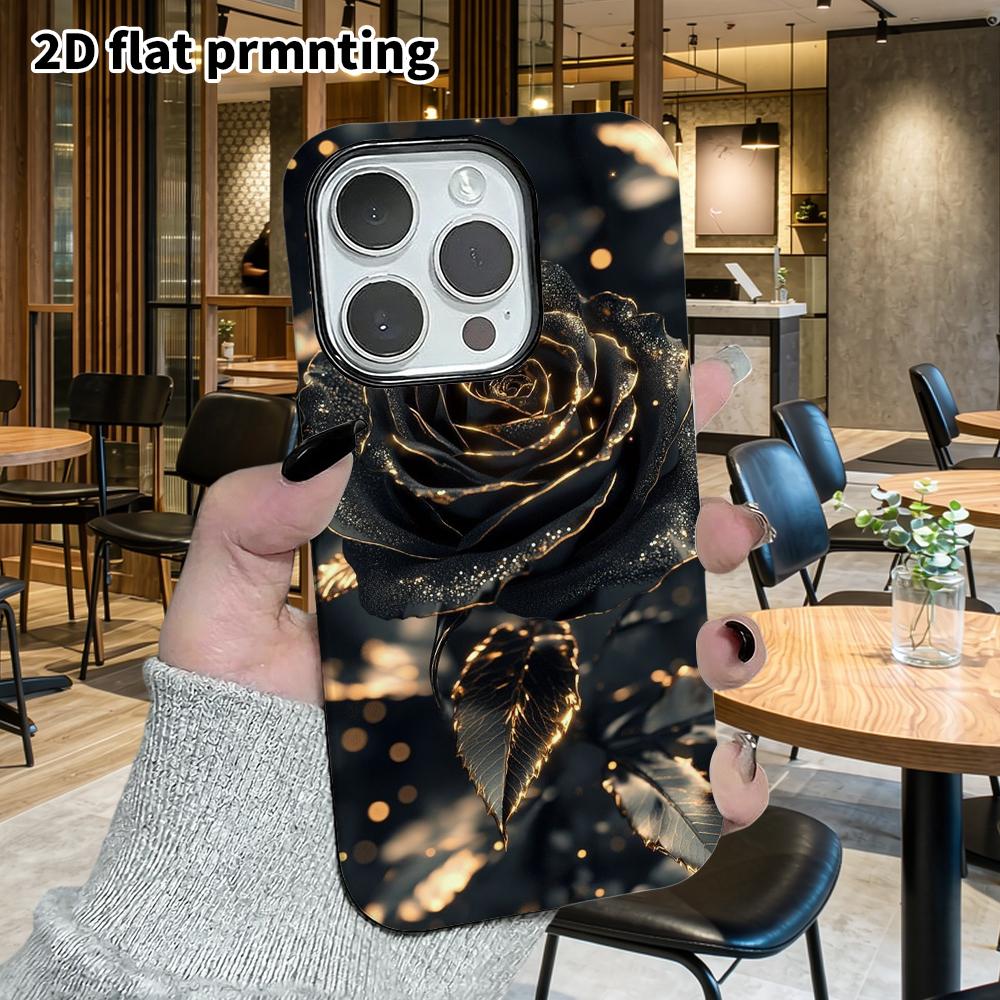 Phone Case: 2D Flat Suitable for iPhone 18 17 16 15 14 13 Pro Film Protective Case, Couple Style, Black Gold Rose, Christmas and Halloween Gift
