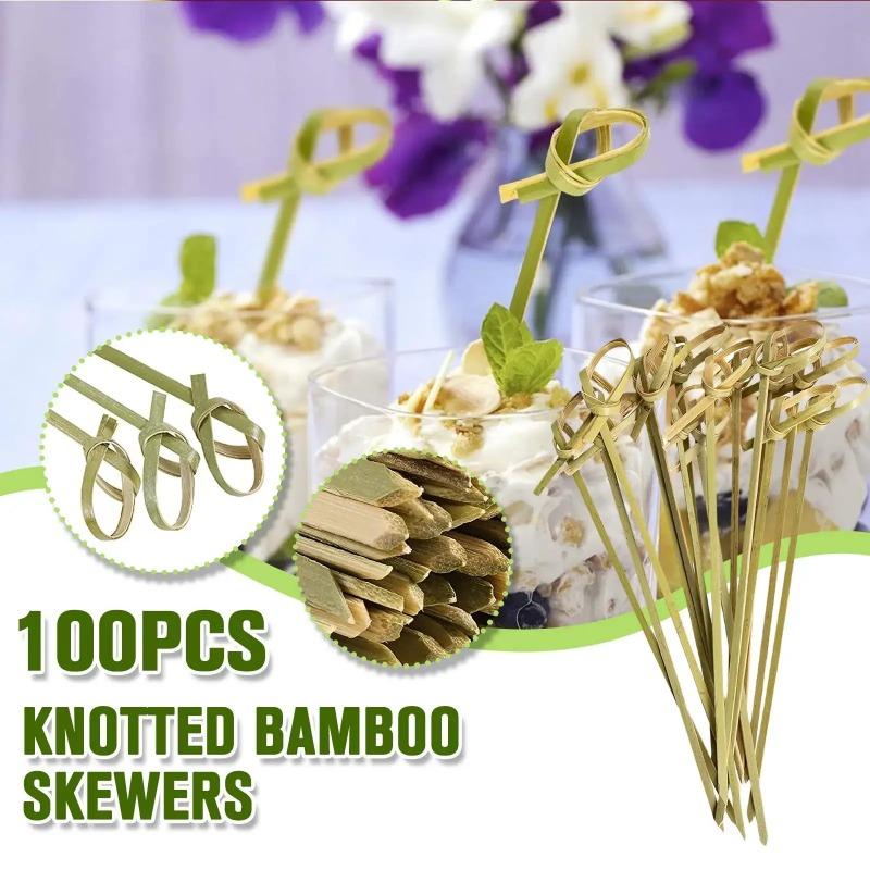 100pcs Disposable Bamboo Knot Skewers Cocktail Picks with Twisted Ends for Snacks Club Sandwiches  Party Barbeque forks