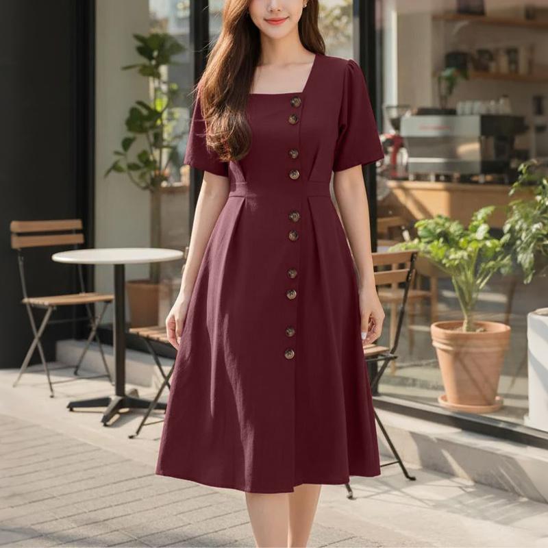ZANZEA Women Casual Square Collar Solid Color Summer Short Sleeve Dress S