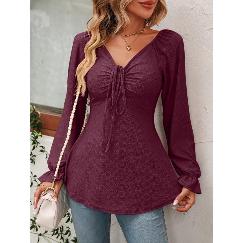 YYFS Women's Fashion Casual Spring Fall Solid Color Print Long Sleeve V-Neck Blouses & Shirts