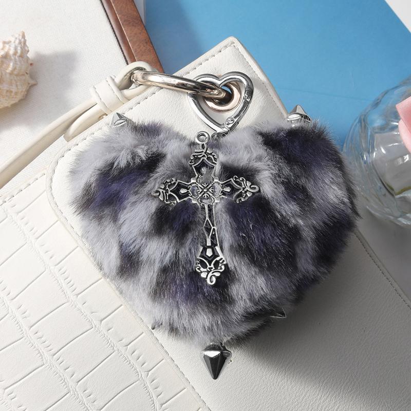 Punk Jewelry Leopard Print Rivet Cross Keychain Goth Cool Grunge Rock Plush Heart Bag Pendant Decoration Accessories Gift