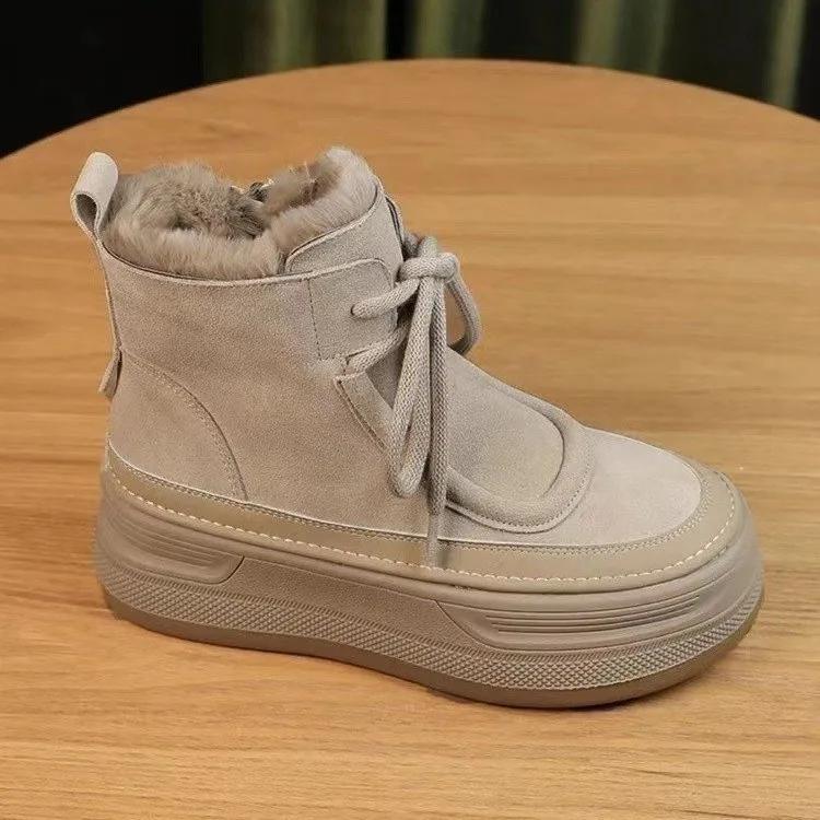 2024 Winter New Short Cotton Boots Women's Fashion Casual Lace-up Snow Boots Thick Soles Plus Cashmere Warm Cotton Shoes
