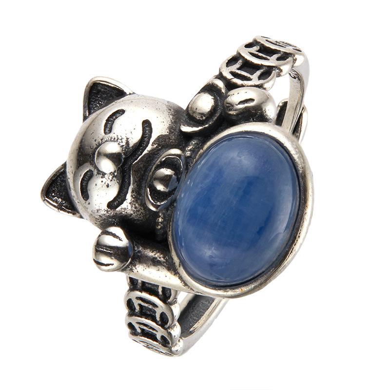 S925 Sterling Silver Natural Blue Crystal Malachite Star Red Corundum Lucky Cat'S Eye Color Treasure Thai Silver Ring Hipster Personality