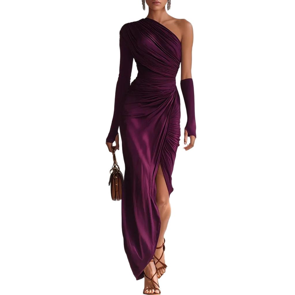 New European and American Style Purple Pleated Long-sleeved Shoulder Dress Women's Slim Temperament Dress Dress