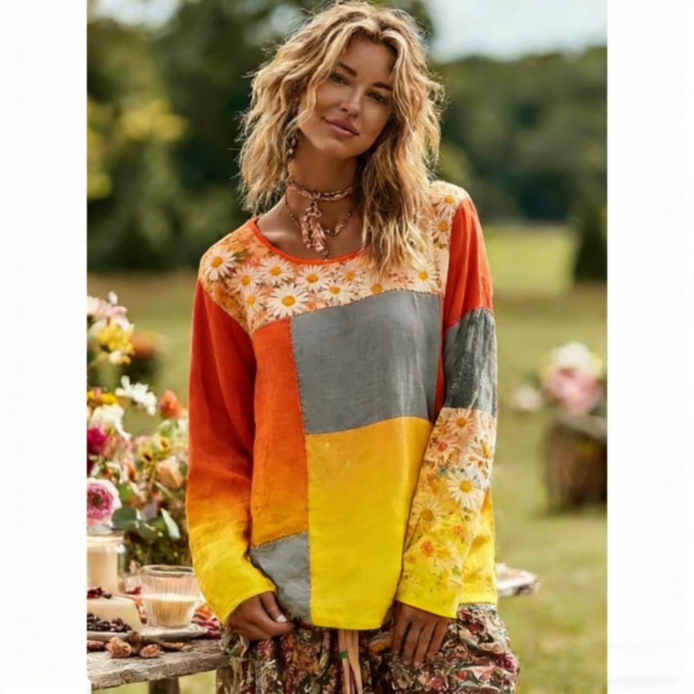 Spring Women's T-shirt Europe America Fashion Floral Print Pullover Bohe Style Women Long Sleeve T-shirt Outdoor Casual Tees Top