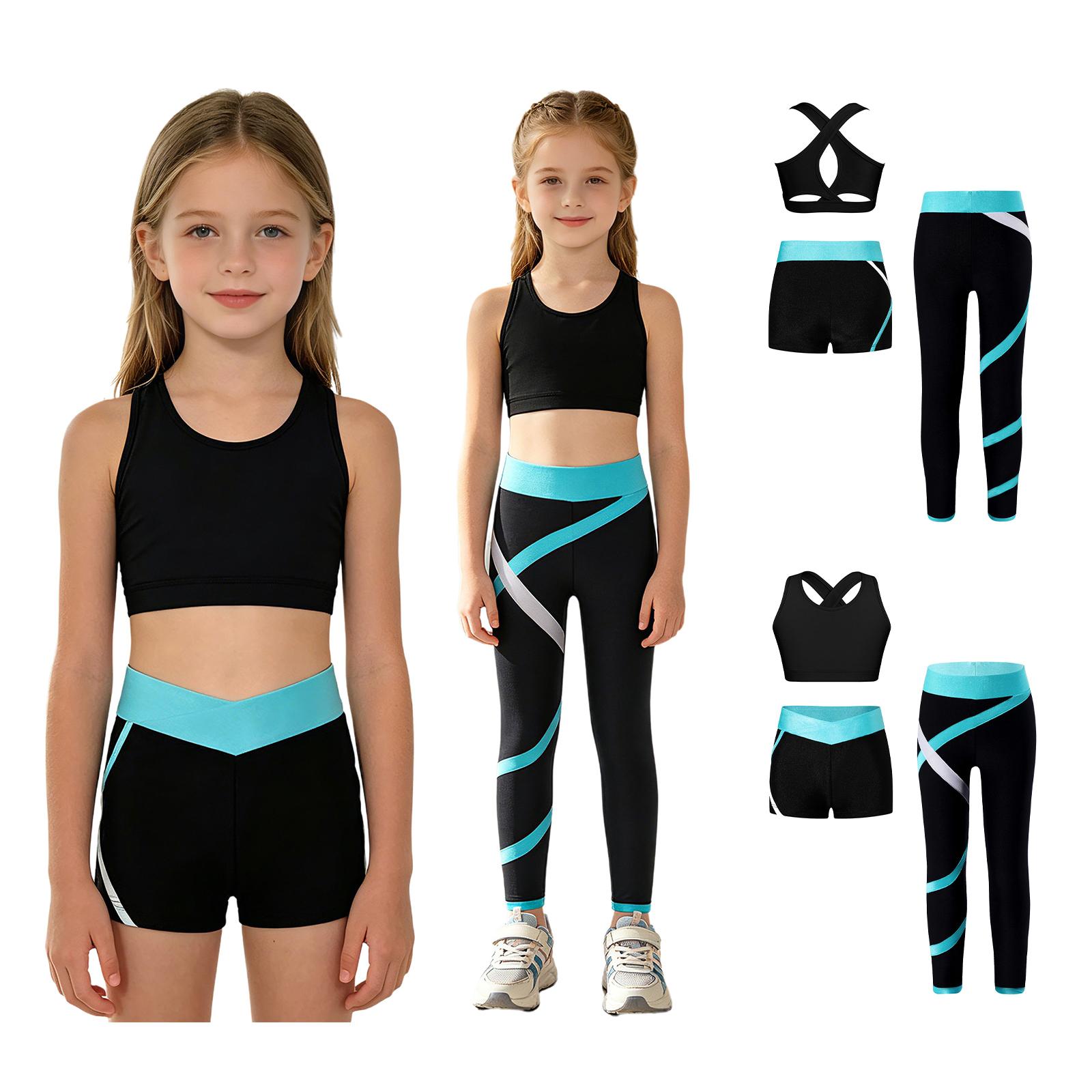 3-teiliges Tanz-Outfit für Kinder, Trainingsanzug für Mädchen, Cross-Nack-Tanktop, Sport-BH mit Yogahose, Leggings, Ballett-Shorts-Set blau