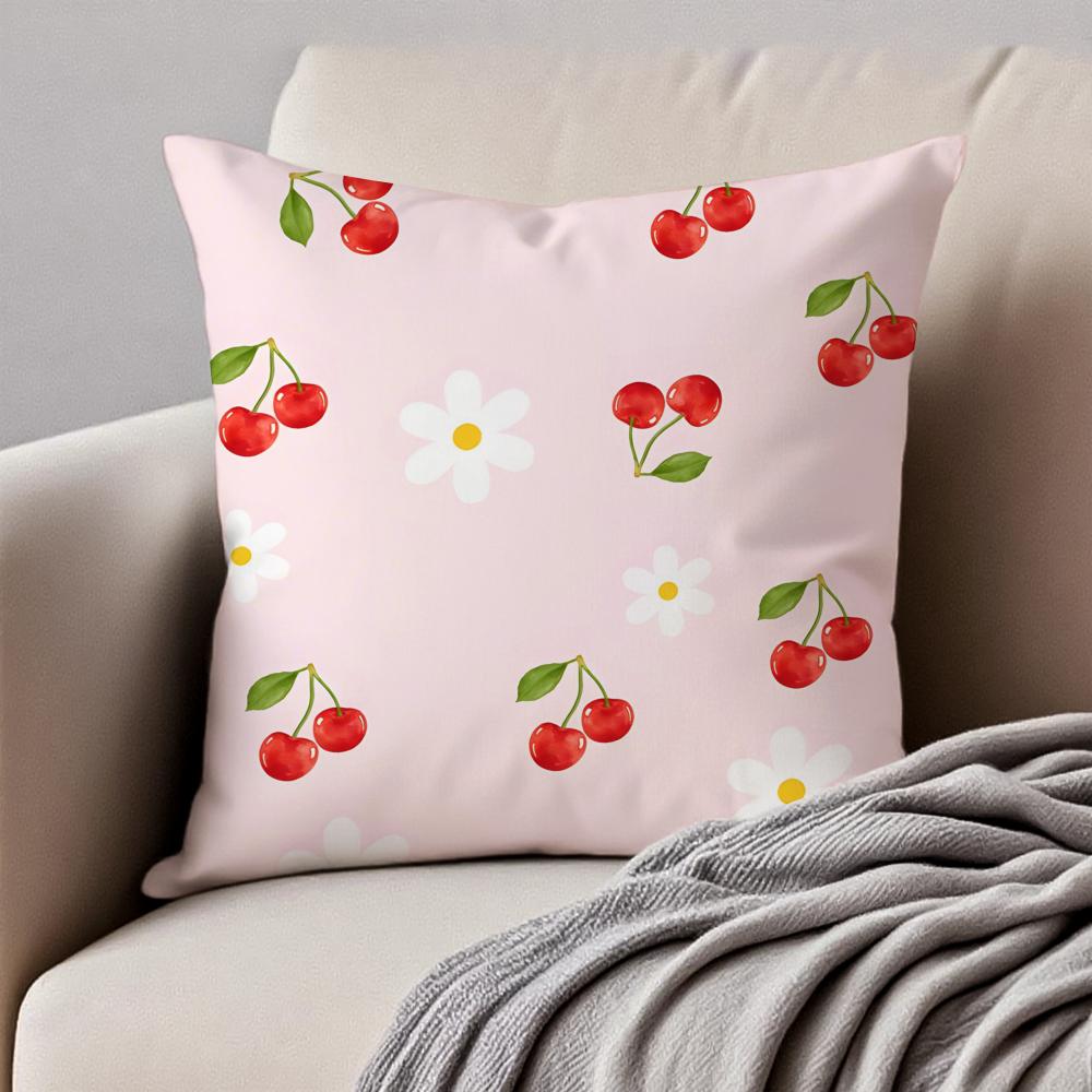 Pink bow cherry Cushion Cover Pillowcase Antidustmite Invisible Zipper Short Plush Sofa Cushion