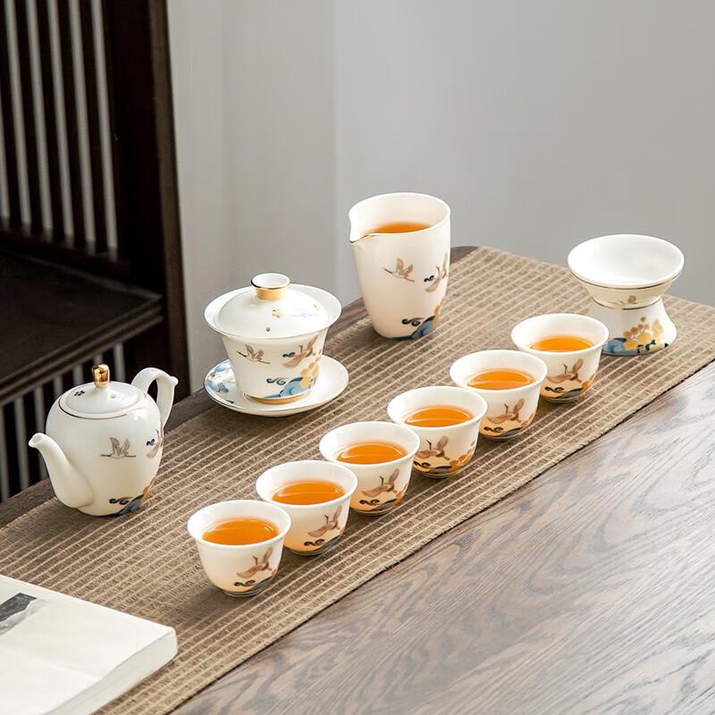 

Gold & Jade Inlaid Cranes Mutton-Fat Jade Porcelain Tea Set