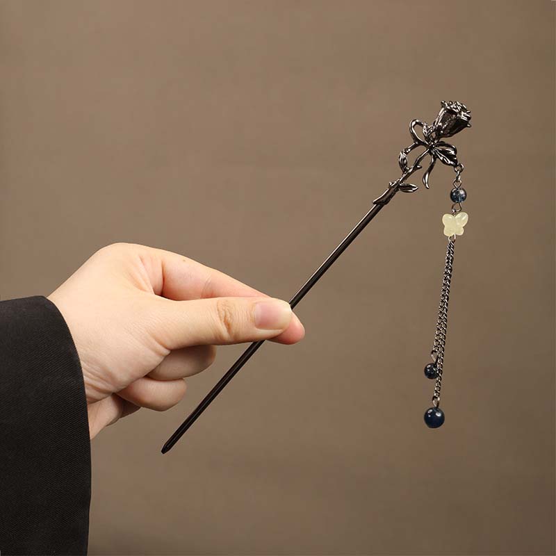 Metall Haarnadel mit Blume und Schmetterling im chinesischen Stil für Damen, Vintage, mit schwarzen Perlen und Fransen, Haarspange, Hanfu-Schmuck, Haarschmuck