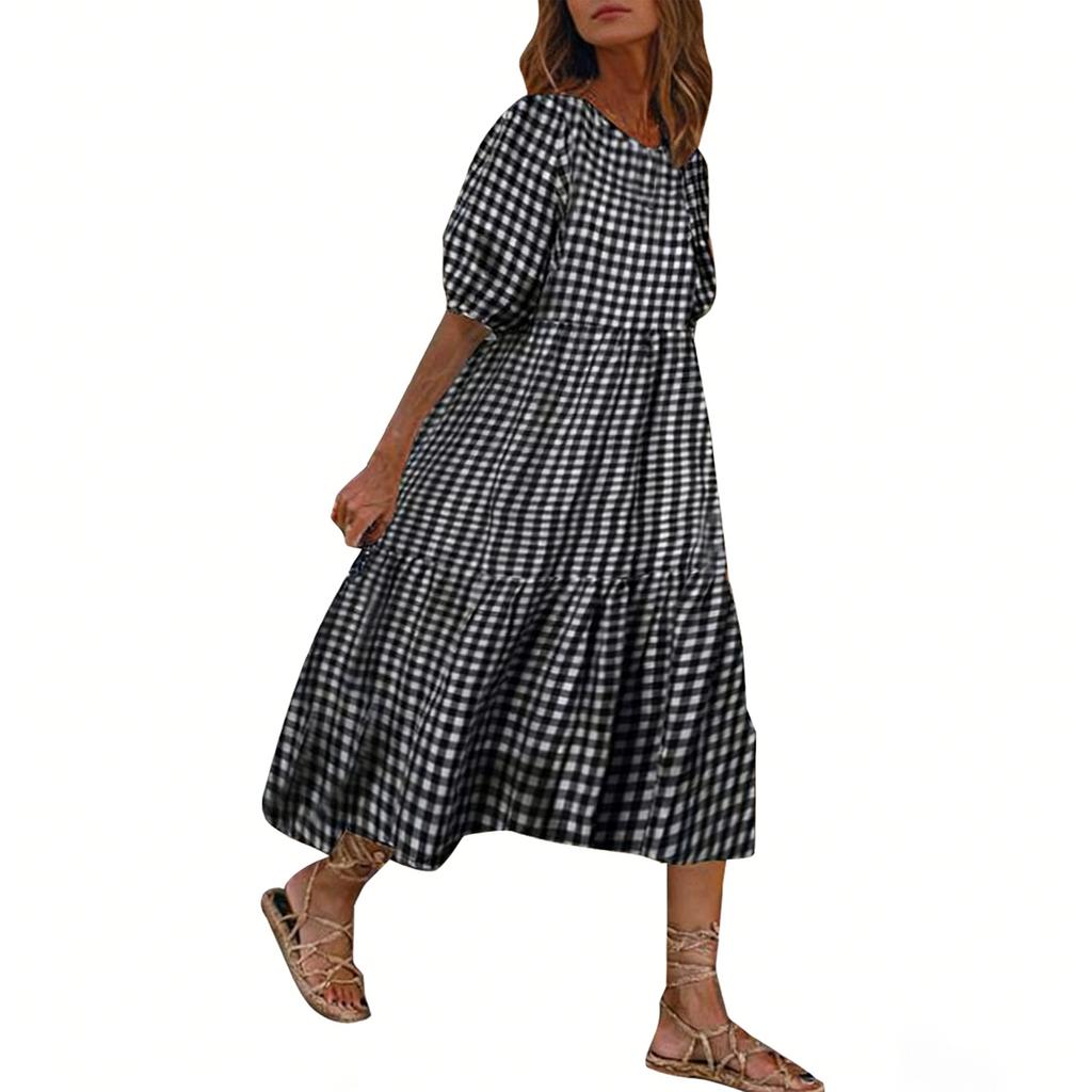 Fashion Women Loose Puff Sleeve Casual Short Sleeves Dress