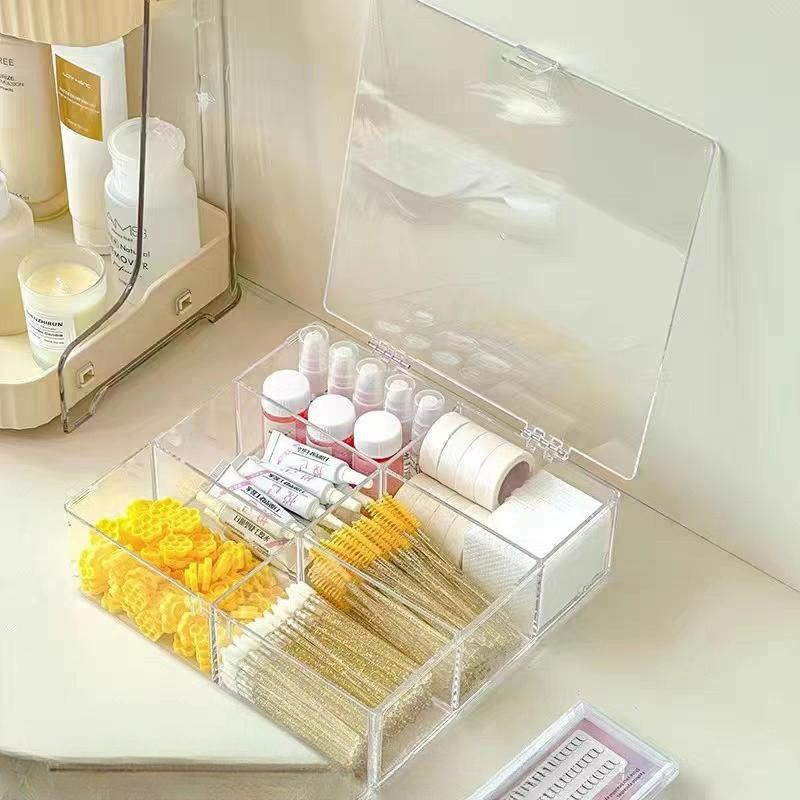 3-Compartment Acrylic Storage Box with Lid - Clear Cosmetic Organizer for Cotton Swabs, Makeup Pads & Beauty Tools