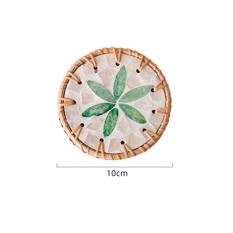 Rattan Shell Coaster Ceramic Heatproof Tea Mat Handwoven Shell Table Mat Decorative Round Coaster Nordic Style