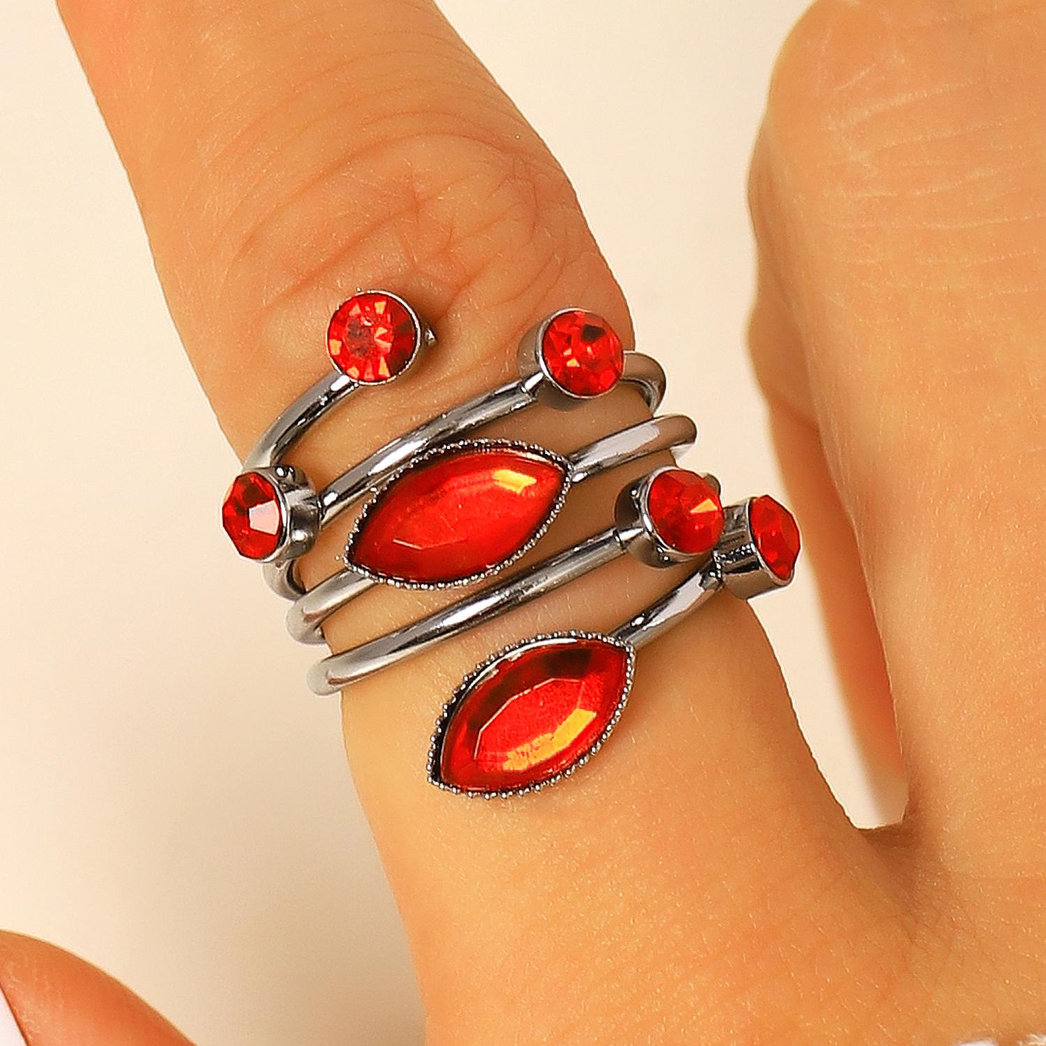 Multi Band Red Stone Statement Open Ring for Women