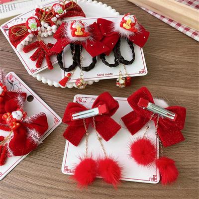 Chinese Style Children's New Year Hair Clips Sweet Plush Bow Tassel Ornament Barrettes Hairpins Girls Hanfu Hair Accessories