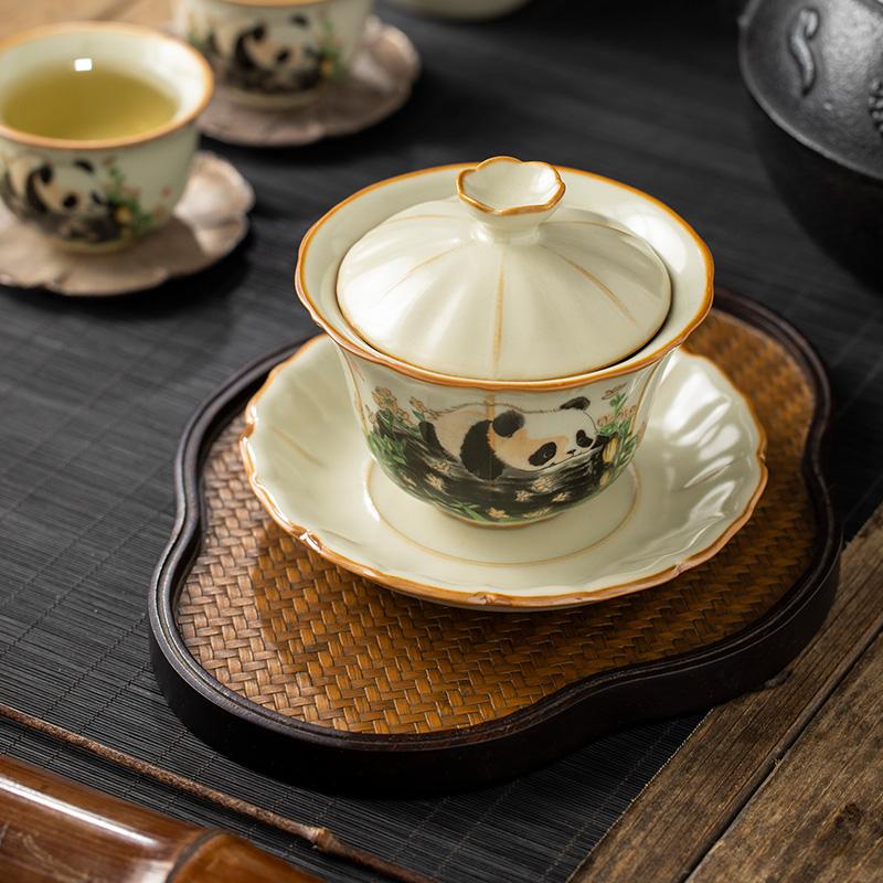 Chines Hand-painted Panda Ceramic Gaiwan Ru Kiln Teacup Handmade Beauty Tea Infuser Household Travel Tea Bowl Portable Teaware