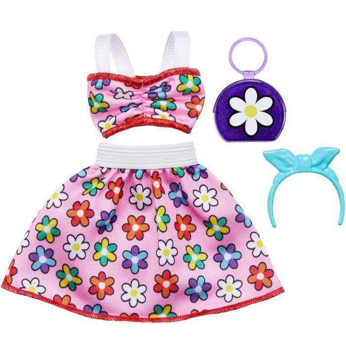 Tenue de vêtements pour poupée barbie - haut et jupe à fleur, sac à main et bandana