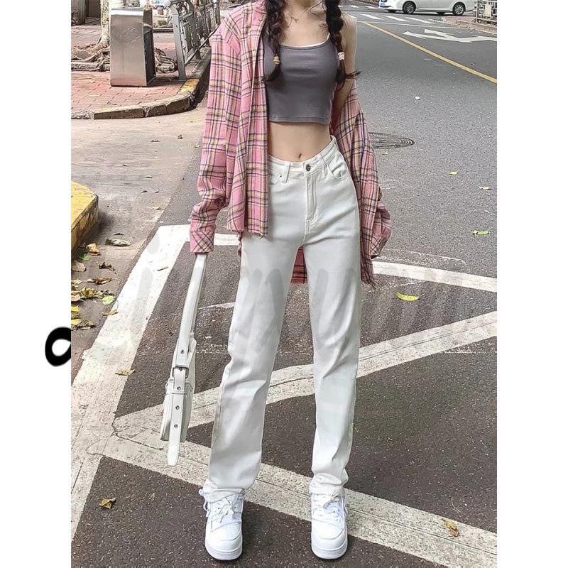 

Women s White High-Waist Straight-Leg Jeans, Petite Slimming Baggy Style, Floor-Length, Autumn/Winter 2026 Collection. Large