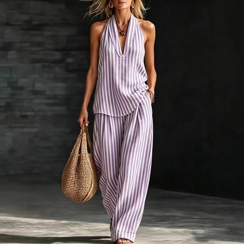 Women Linen V Neck Sleeveless Top and Wide Leg Pants Set Casual Loose Fit Striped Two Piece Outfit for Daily Wear