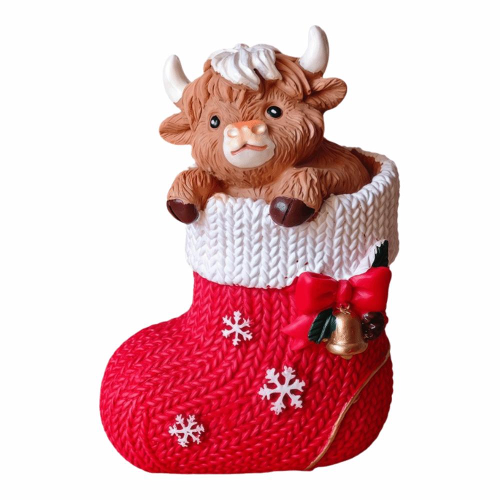 Christmas Socks Cow Figurines Cute Christmas Desk Decor Resin Cow Ornament Bookshelf Decor