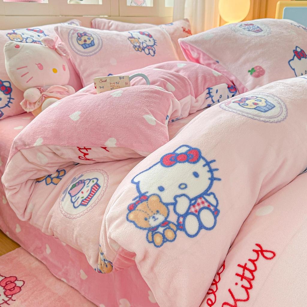 Children'S Thickened Milk Fleece Bed Four-Piece Warm Coral Fleece Fleece Quilt Cover Student Bedding