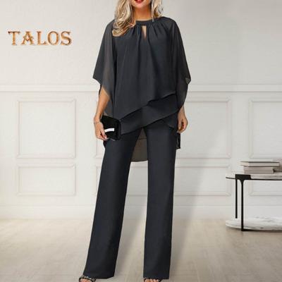 2 ks/sada Dámske vrchné nohavice Súprava s vydutým polovičným rukávom O Krk Nepravidelný vrstvený lem Top Široké nohavice Jednofarebné nohavice Oblečenie OL na každodenné dochádzanie