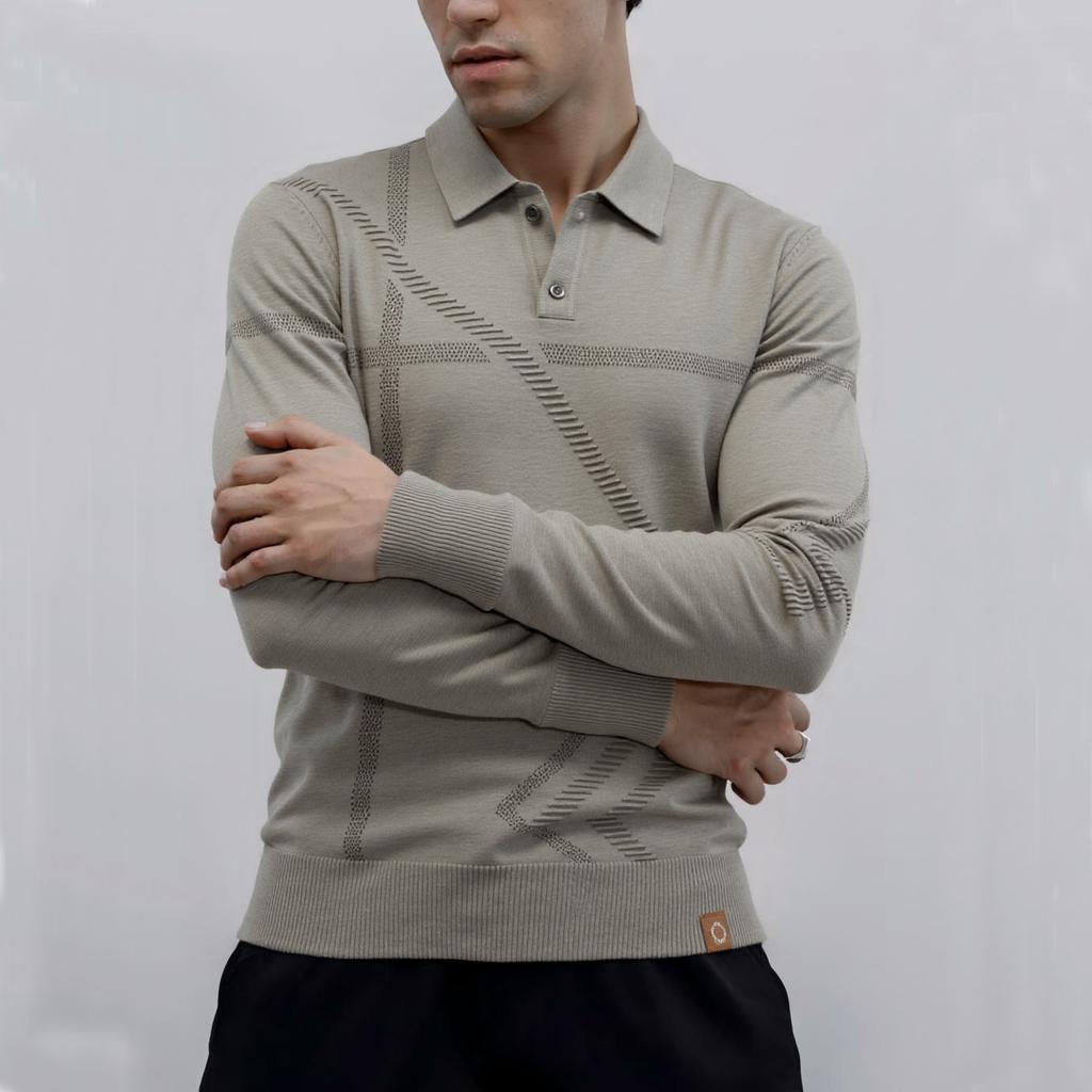 Aiopeson Men'S Slim Fit Long Sleeve Polo Shirt Autumn Winter Thermal Comfort Fashion Stripe Solid Color Button Up Polo Tops