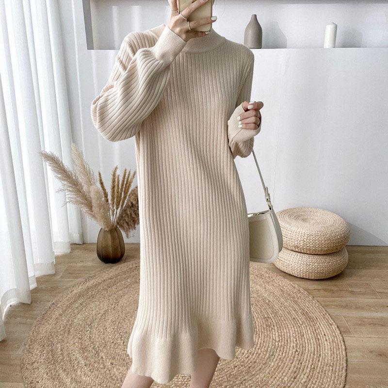 Fungus Edge Pit Strip Sweater Skirt Autumn and Winter Round Neck Medium and Long Loose Large Size Casual New Knitted Bottoming Dress