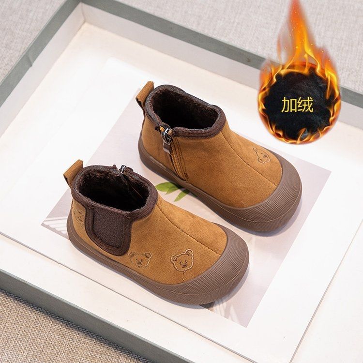 Korean version of girls embroidered bear short boots 2025 winter new two-cotton velvet warm boys non-slip sports cotton boots