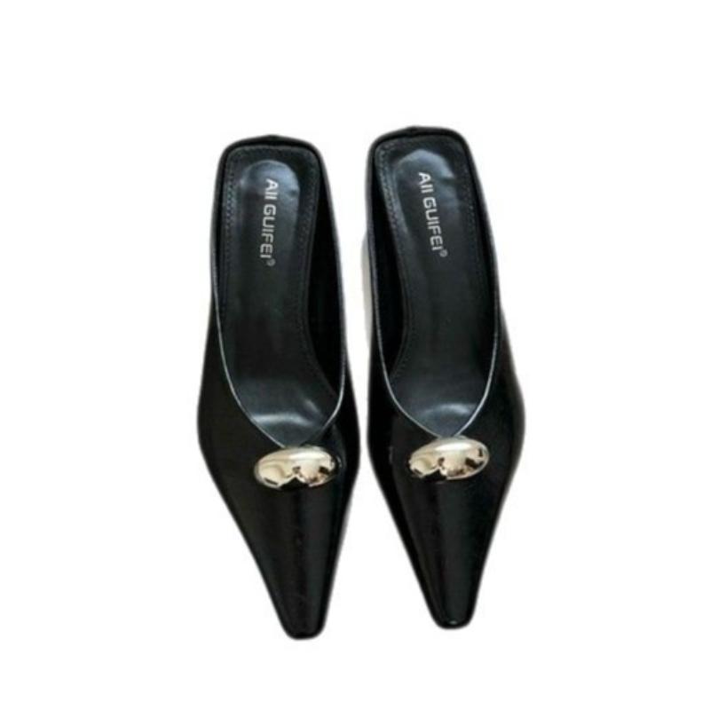 Fashion French Style High Heel Slippers Women Pointed Toe Metal Buckle Slip On Mules