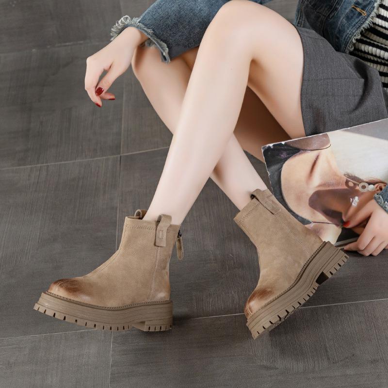 Női őszi új retro vastag talpú magasító alkalmi sport rövid csizma női marhabőr első rétegű Martin csizma