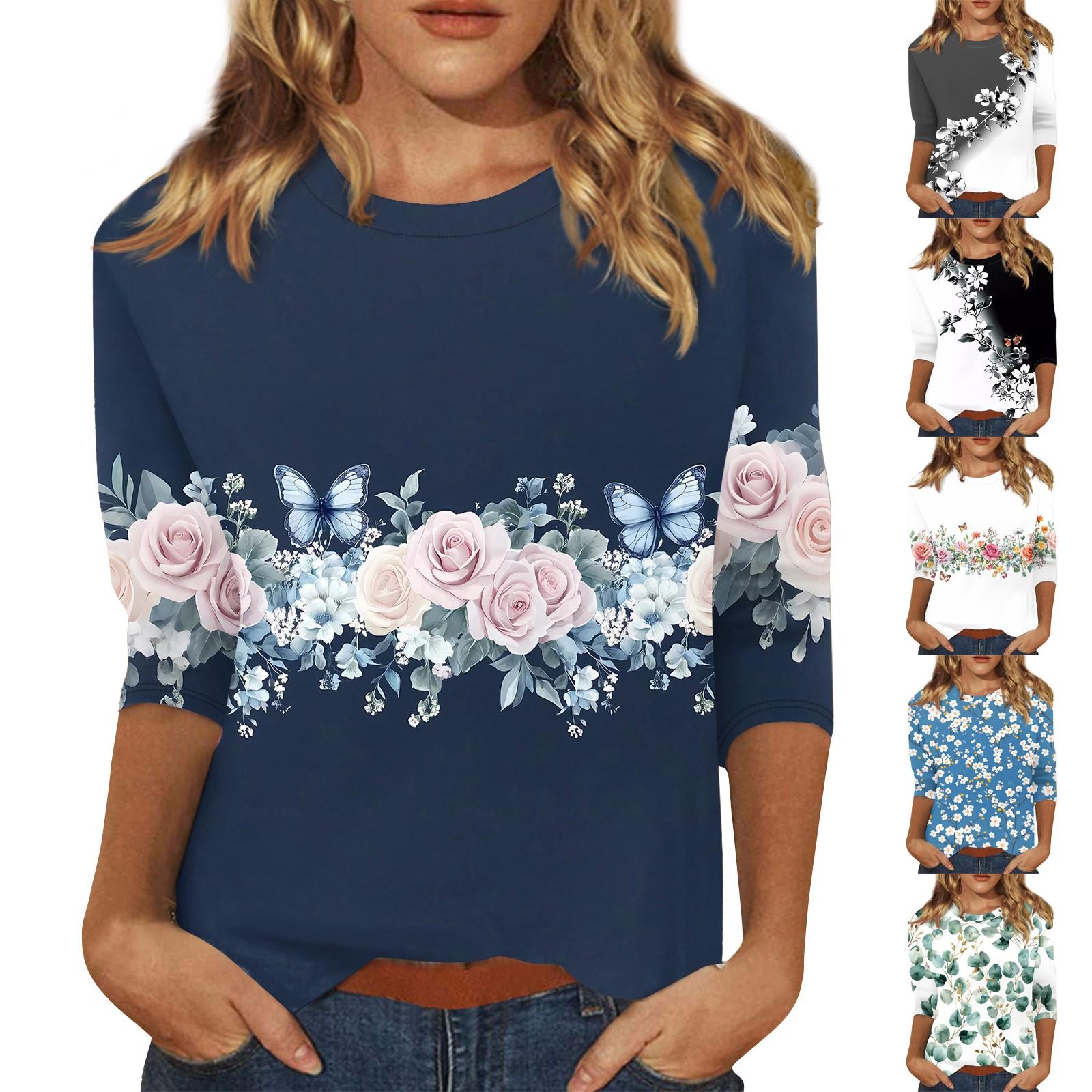 

Women s Fashionable Casual Three Quarter Sleeve Printed Collar Pullover Top S Темно-синій