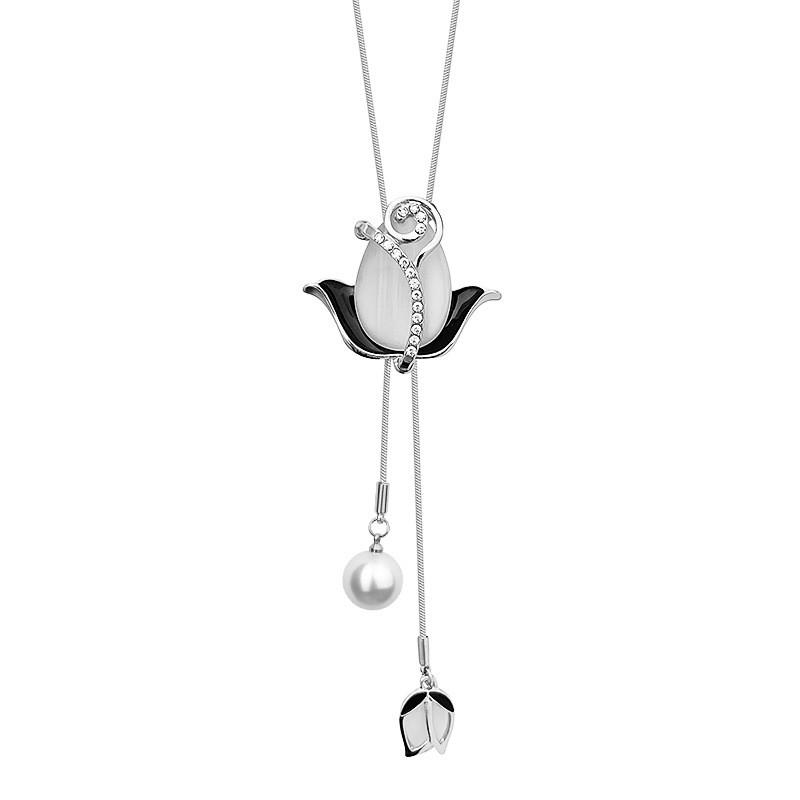 Elegante Koreanische Lange Halskette Mit Tulpen Katzenaugenstein Blumenanhänger Ideal Für Wintermode