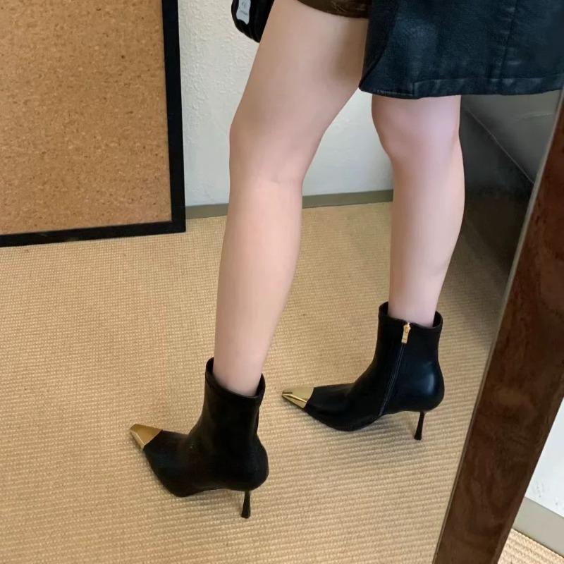 High-heeled boots women's new autumn and winter metal square toe black fashion thin heel temperament high heels
