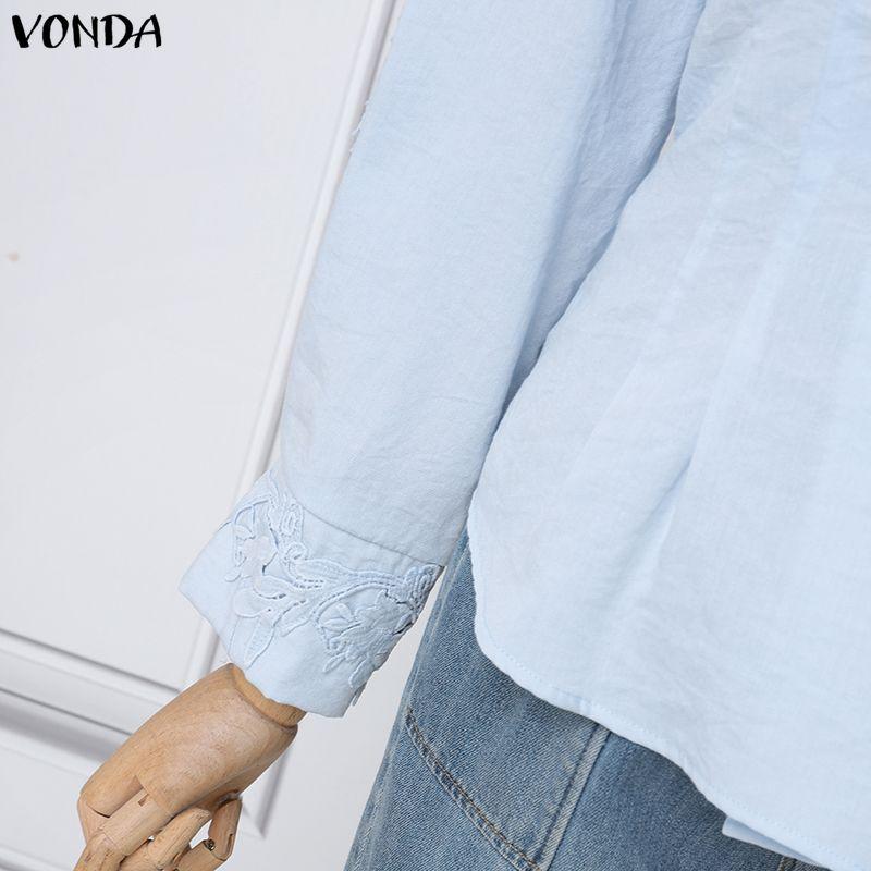 VONDA Women Casual Turn Down V Collar Long Sleeve Wrap Belt Lace Crochet Loose Blouse Shirts