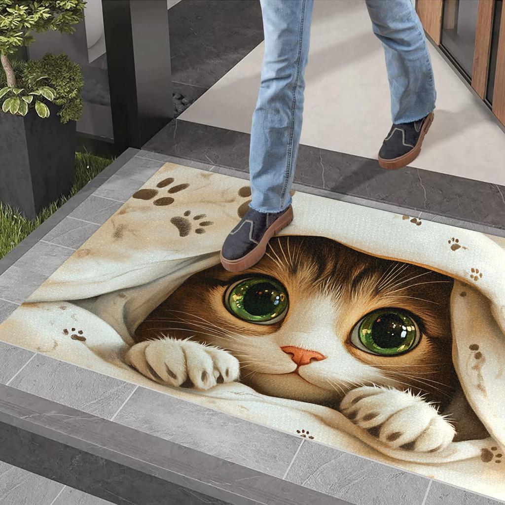 1Pcs  Cute Cat Design Pattern Floor Mat Modern Kitchen Polyester Rug Non-Slip Colorful Indoor Carpet, For Home Bathroom Bedroom Living Room Decor