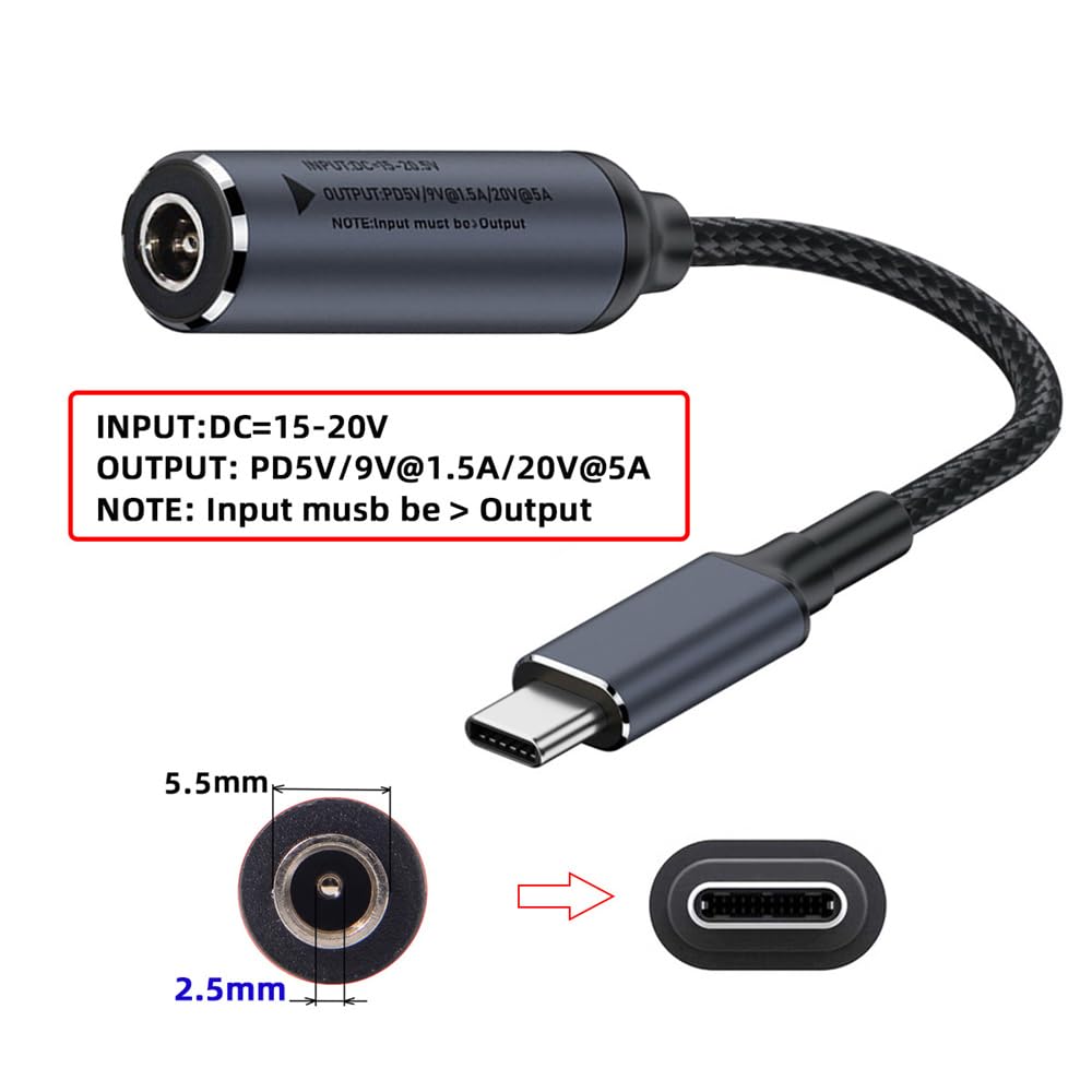 Cablecc 100W Charging DC Jack Input to Type C Power Cable for Laptops and PD9V 5V 20V 5.5x2.5mm USB-C Phones,