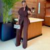 Women's Dark Brown Short Sleeve Blazer and Wide Leg Pants Set