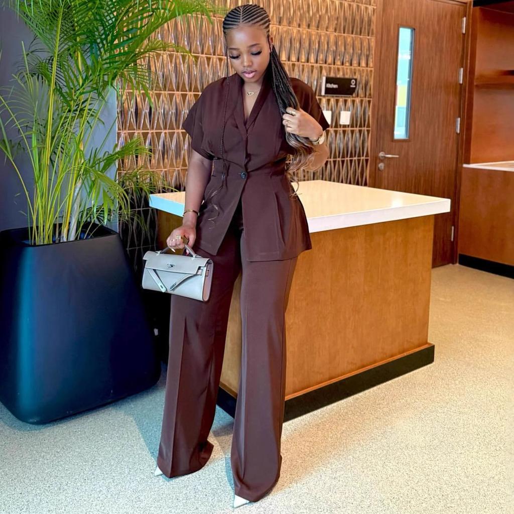 Women's Dark Brown Short Sleeve Blazer and Wide Leg Pants Set