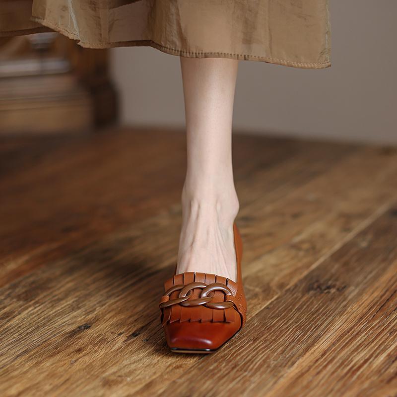Fashion 2025 New Spring GENUINE LEATHER Women Shoes LEISURE Women Pumps Square Toe Heels Shoes Women Women Shoes Zapatos De Mujer Tassel