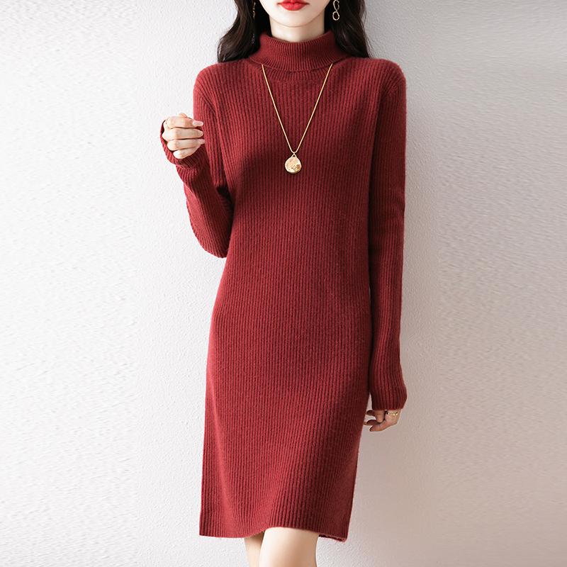 Women Sweater Dress 100% Wool MODERN NEW SAGA Turtleneck Knit Long Pullover Winter Jumpers Wool Long Dress Female